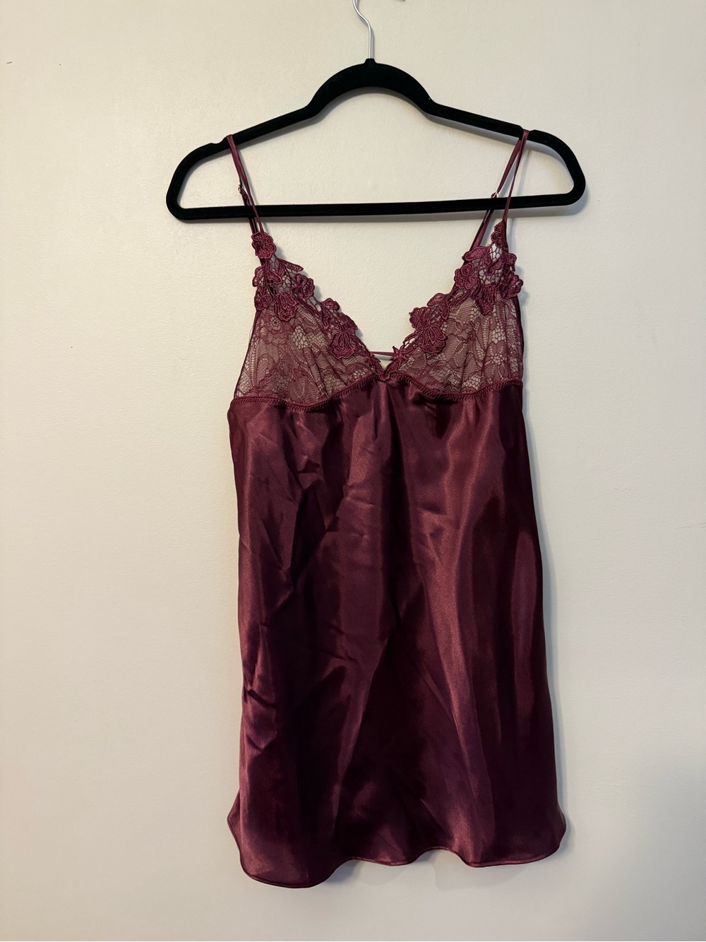 Silky Lace Trim Burgundy Chemise